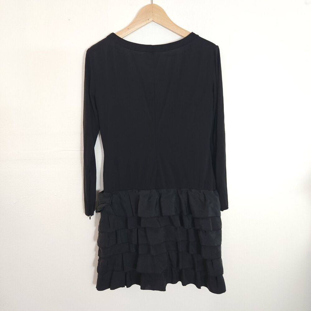 Worth 100% Silk Black Tiered Ruffle Dress Size 10 Zip Sleeve Elegant Minimalist - Picture 3 of 10